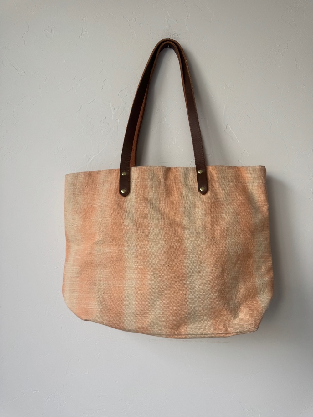 R. Riveter "Wilson" Canvas Tote – Peach/Cream Stripe with Leather Straps - Picture 2 of 7